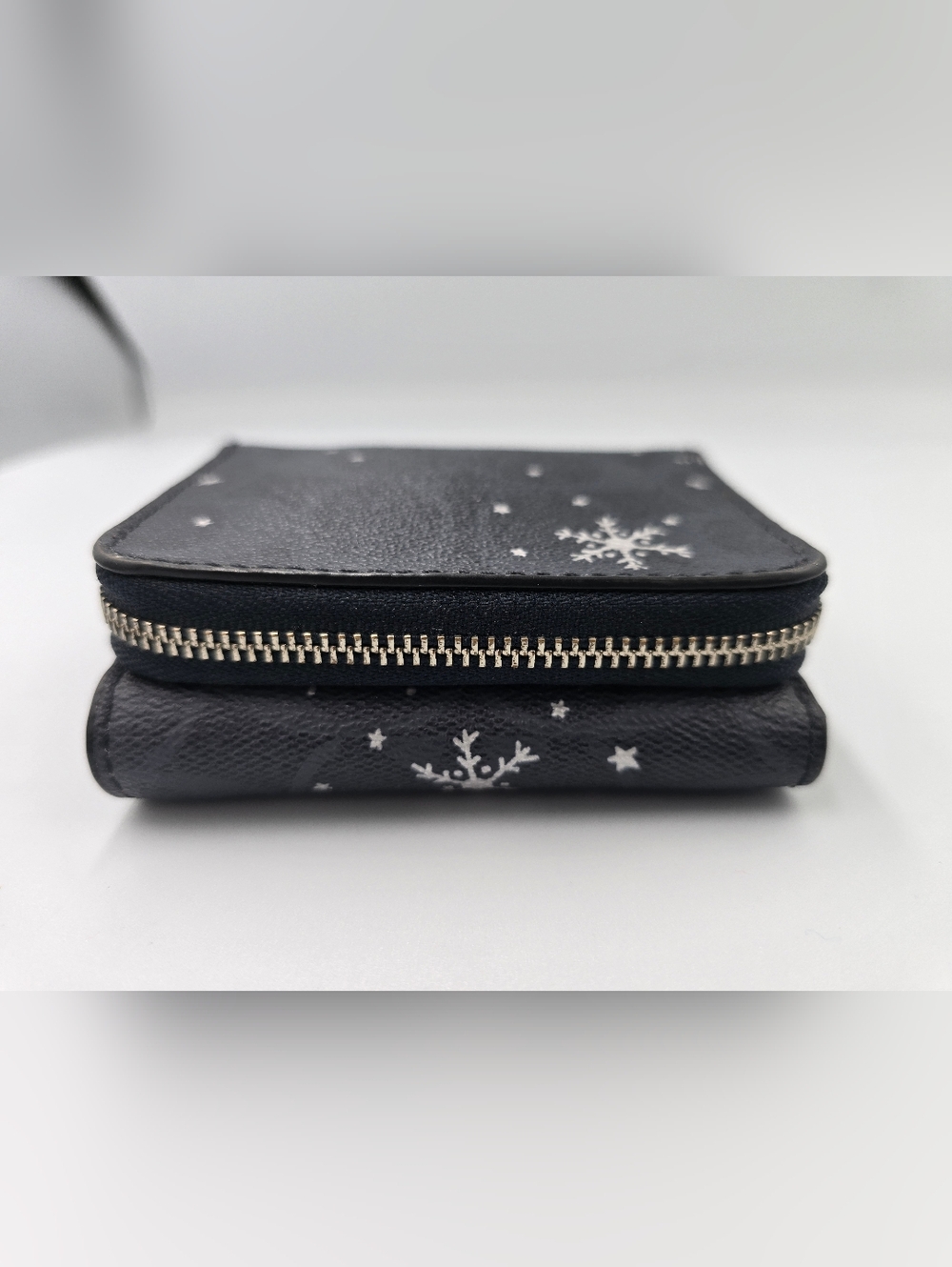 COACH Navy Blue Signature Snowflake Compact Trifold Wallet with Silver Logo - Picture 8 of 15
